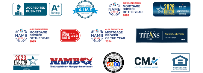 LBC Mortgage accreditations and awards: BBB A+, AIME, NAMB Mortgage Broker of the Year 2024–2026, Five Star Mortgage Professional 2023 and 2026, Yelp People Love Us, Industry Titans 2026, NAMB, Inc. 5000, Certified Mortgage Advisor, and Equal Housing Opportunity